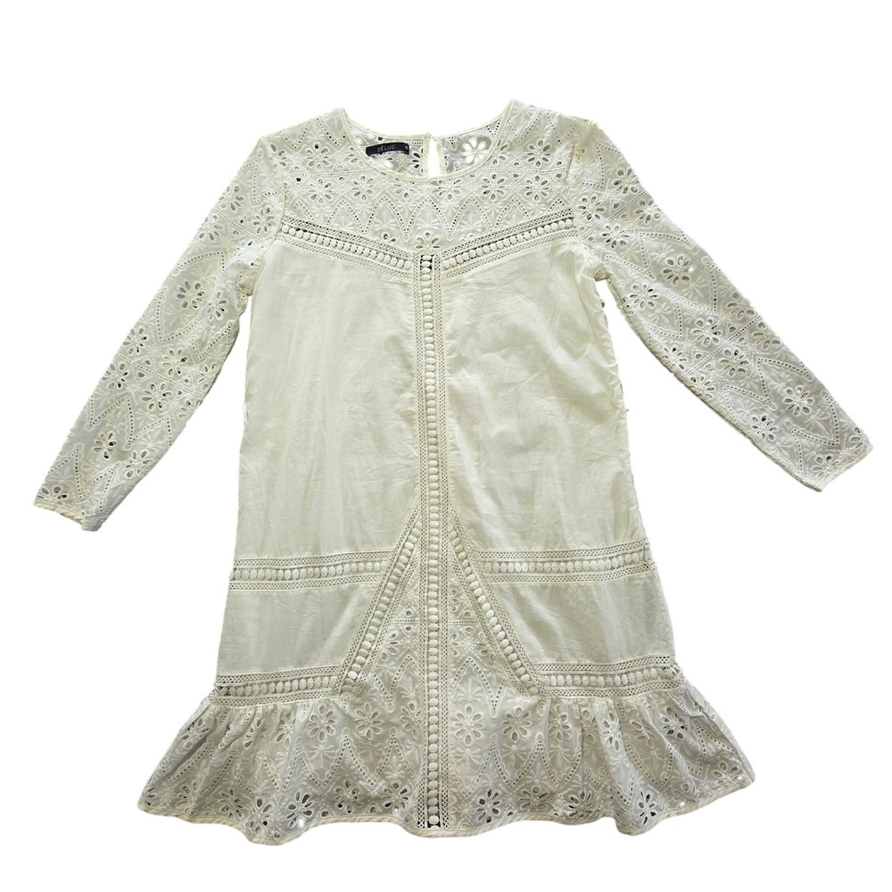 Eyelet Mini Dress Long Sleeve Lace Ruffle Medium White Cottagecore‎ Prairie